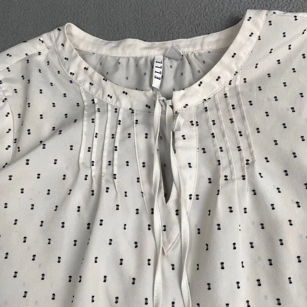 Elle Women’s size Large White Black Polka Dots Pleated  Half Sleeves Blouse - Picture 8 of 13